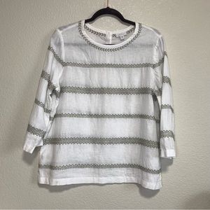 J. Jill Linen Blouse White 3/4 Sleeve Top Shirt Cross Stitch Embroidered